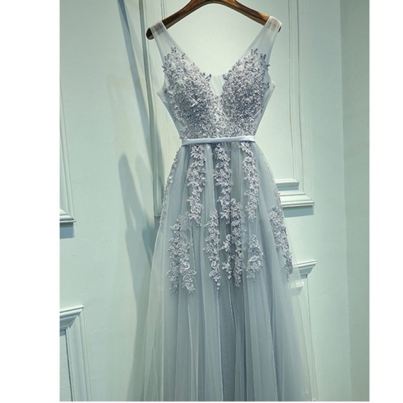 Long Tulle Appliqué Sequin Beaded Prom Dress - Picture 3 of 7